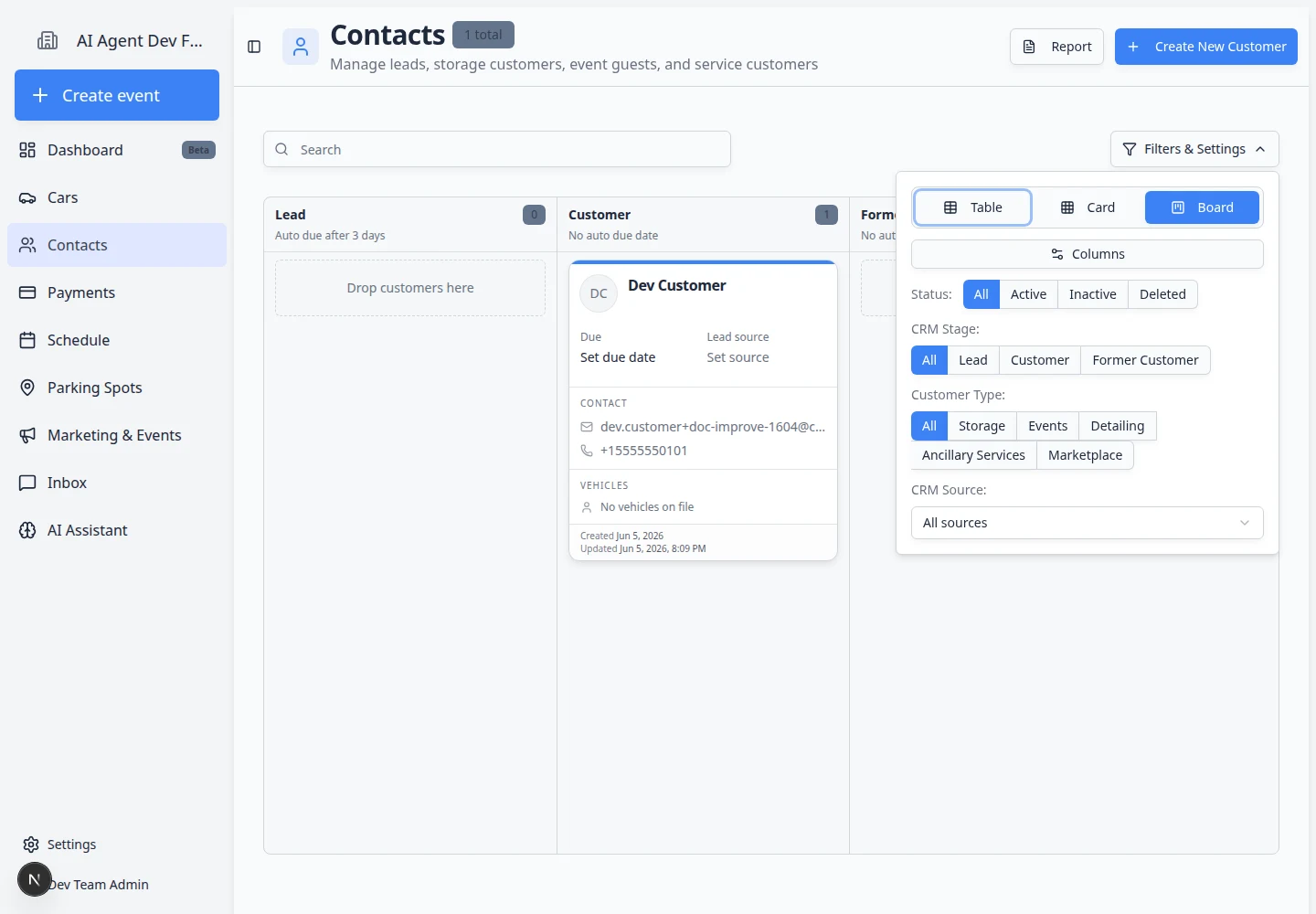 Contacts page in Board view showing CRM stage columns with customer cards organized by follow-up stage