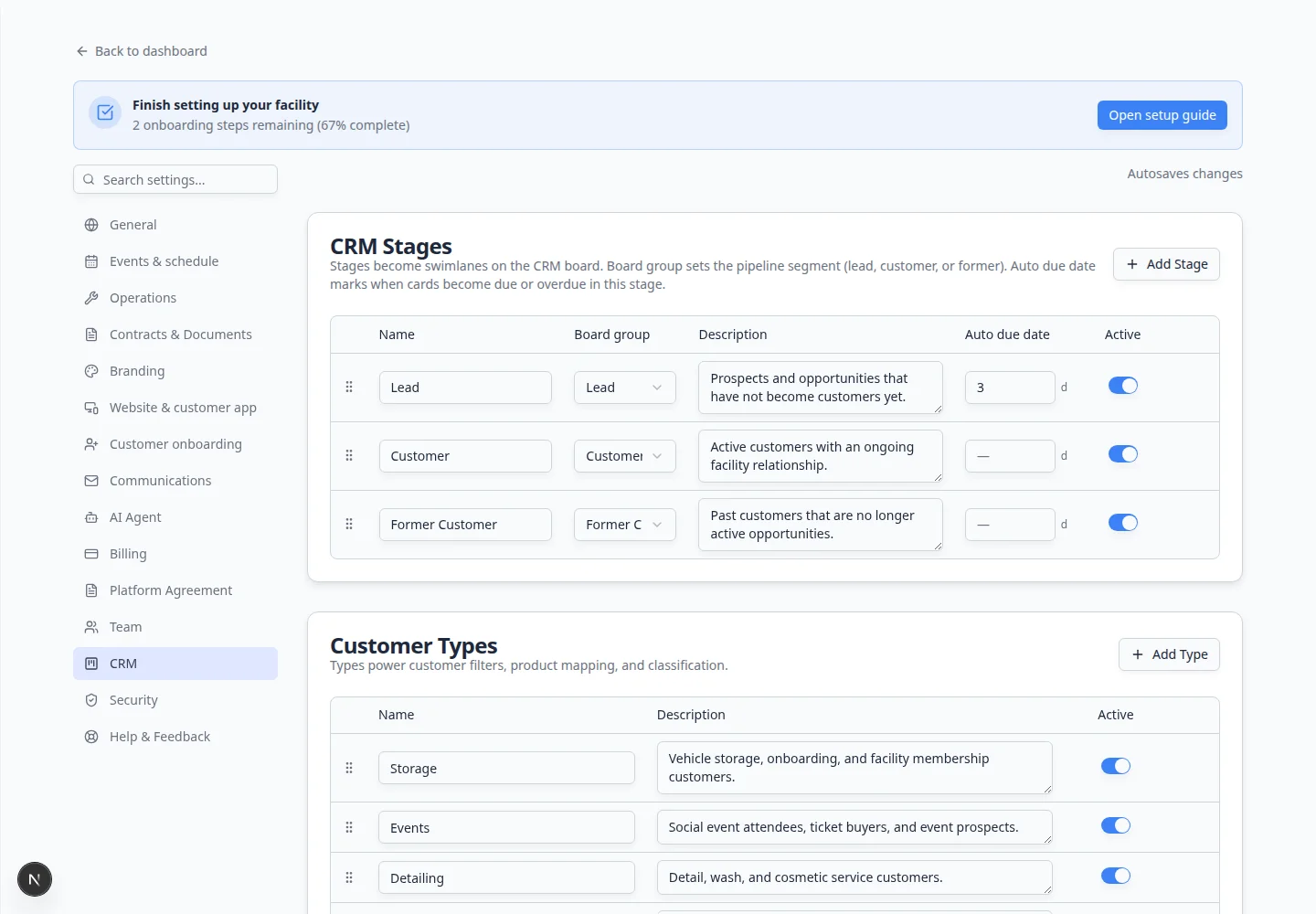CRM settings page showing CRM Stages, Customer Types, and CRM Sources tables