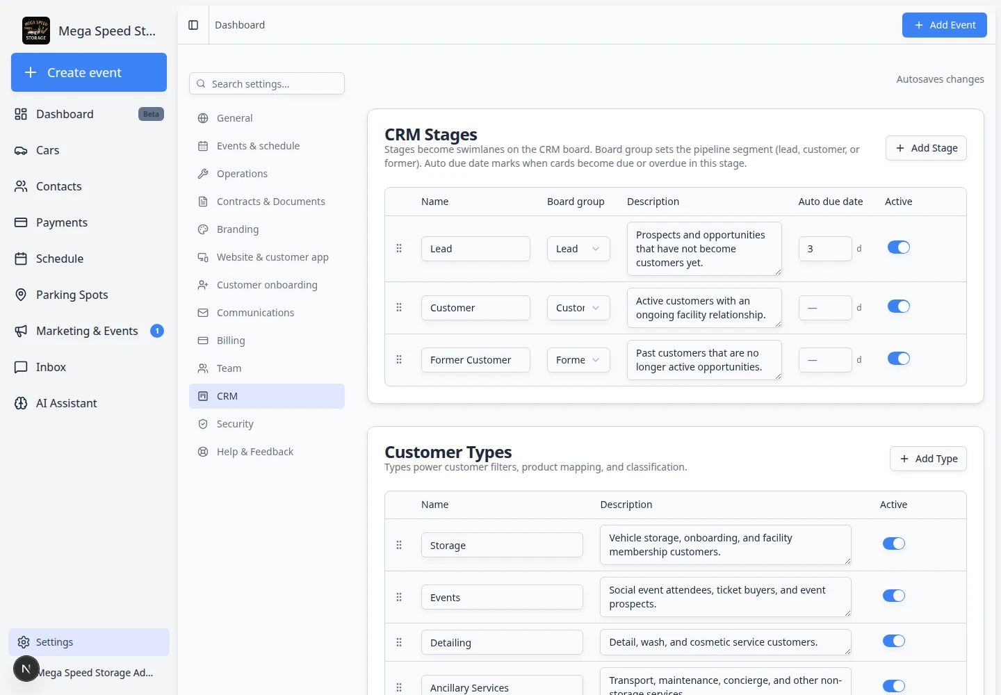 CRM settings page focused on CRM Sources table with source names and descriptions