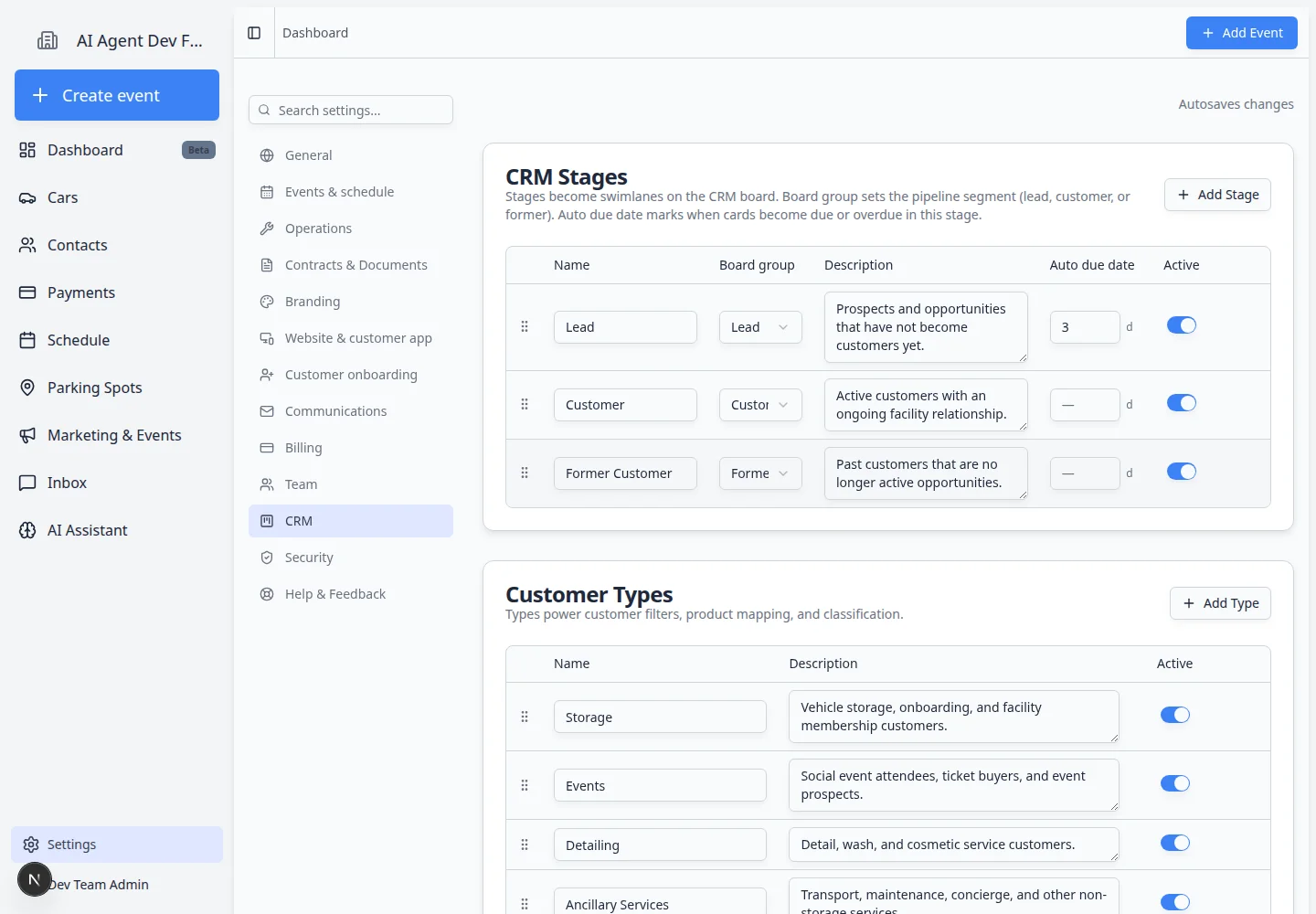 CRM settings page focused on CRM Stages table with stage names, board groups, auto due dates, and active toggles