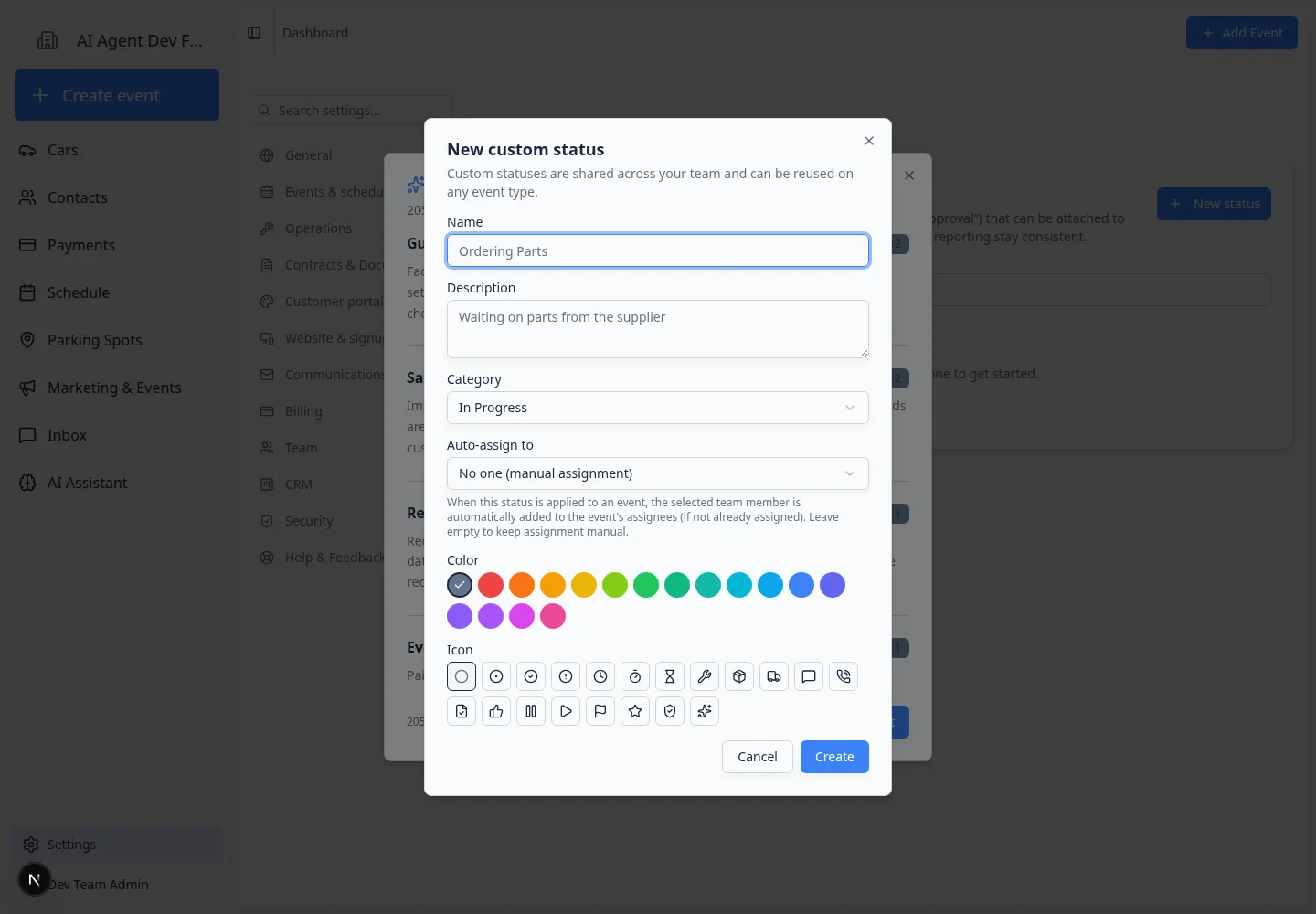 New custom status window with name, description, category, auto-assign user, color, and icon choices