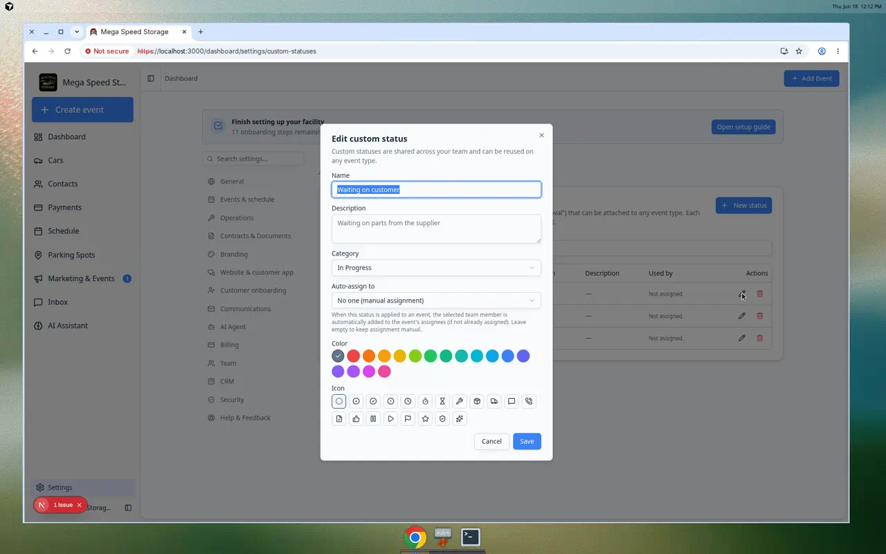 Edit custom status dialog showing name, description, category, color, and icon fields for Waiting on customer