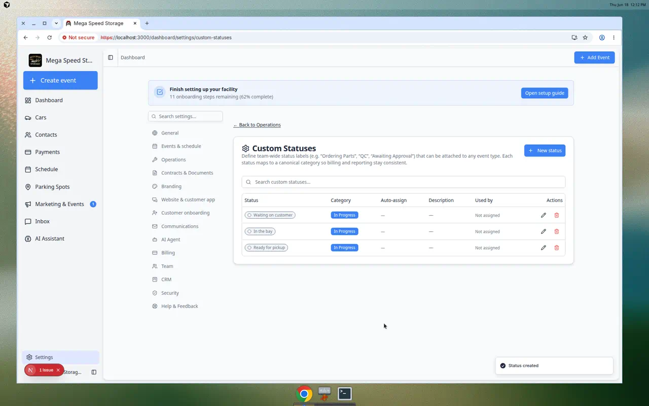 Custom statuses page showing Waiting on customer, In the bay, and Ready for pickup status labels