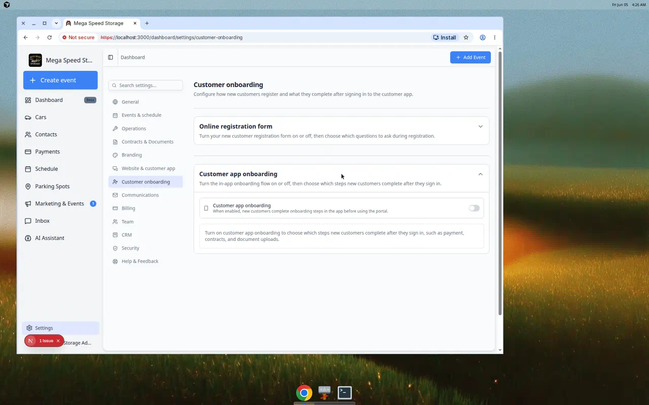 Customer app onboarding section showing draggable steps such as Welcome, Profile, Cars, Contract Signing, and Document Upload with enable toggles