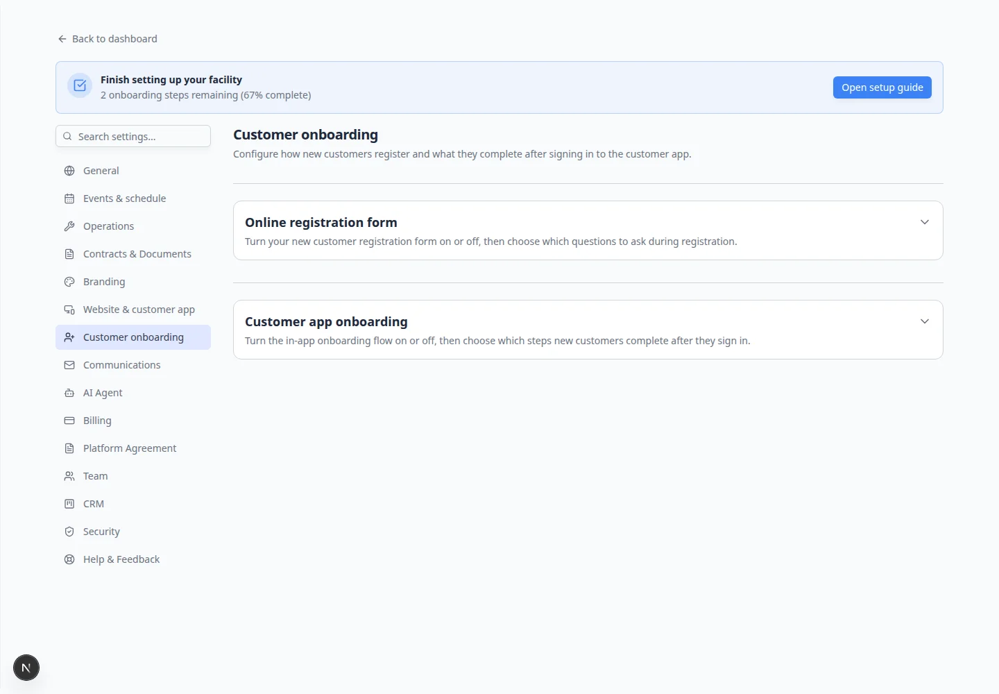 Customer onboarding settings page showing Online registration form section with enable toggle and registration cards list