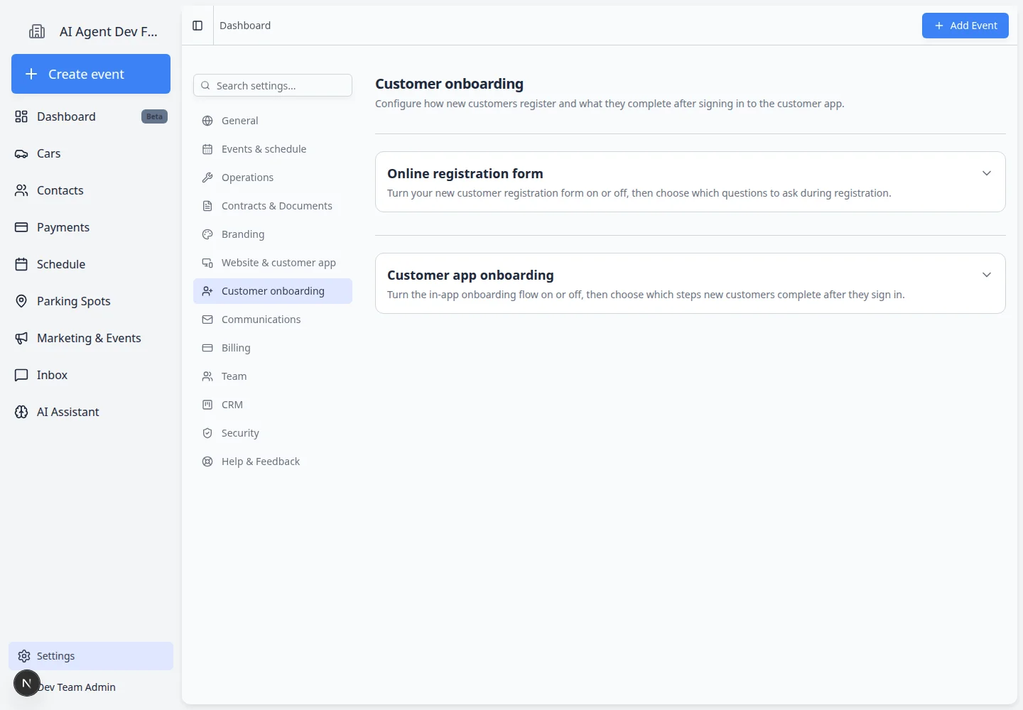 Customer onboarding settings page showing Online registration form section with enable toggle and registration cards list