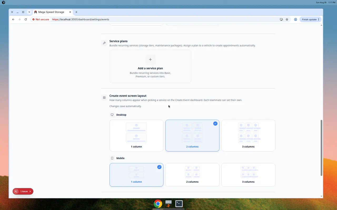 Events and schedule settings showing Create event screen layout with desktop and mobile column options