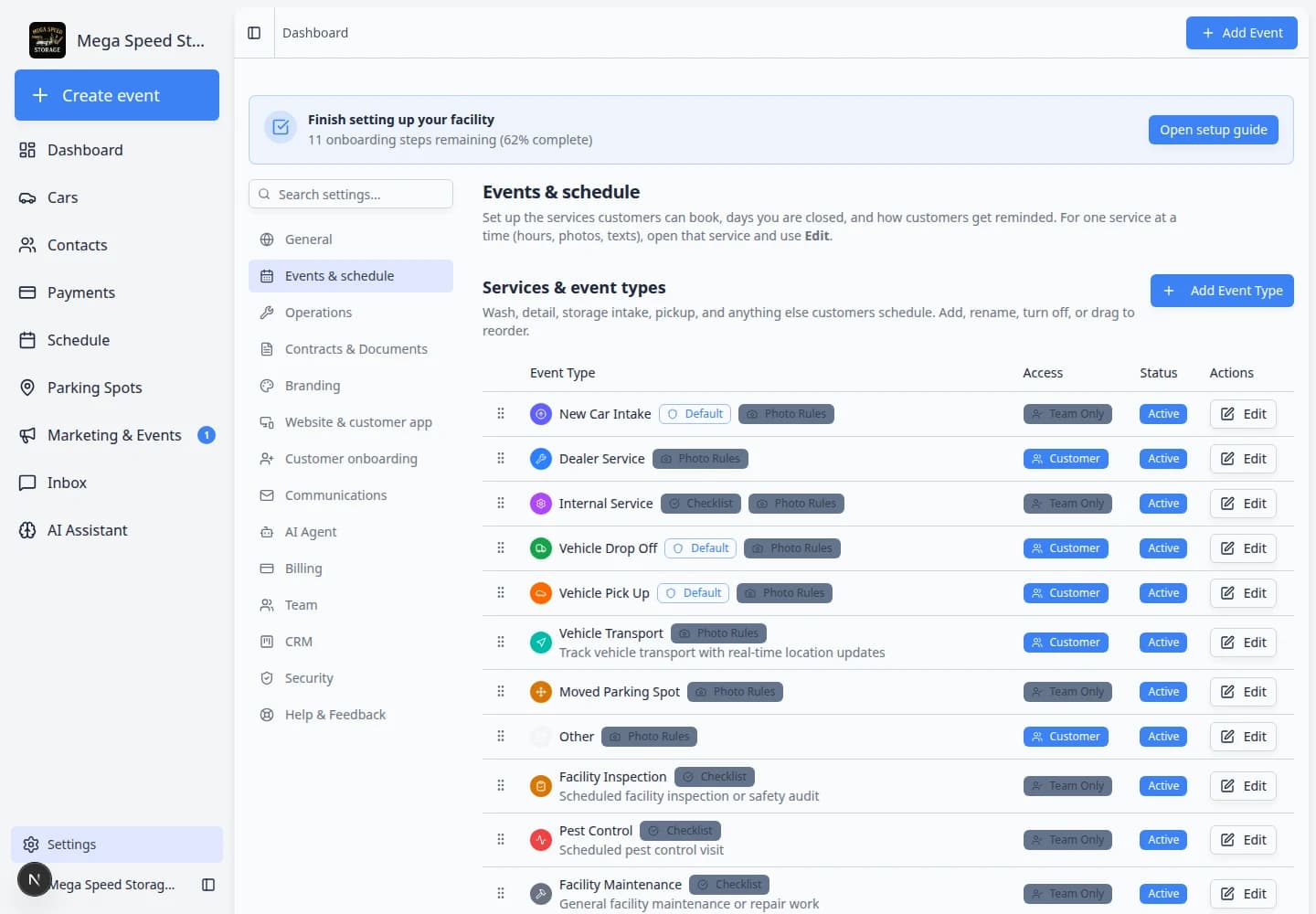 Events and schedule settings page showing Services and event types table with Add Event Type button