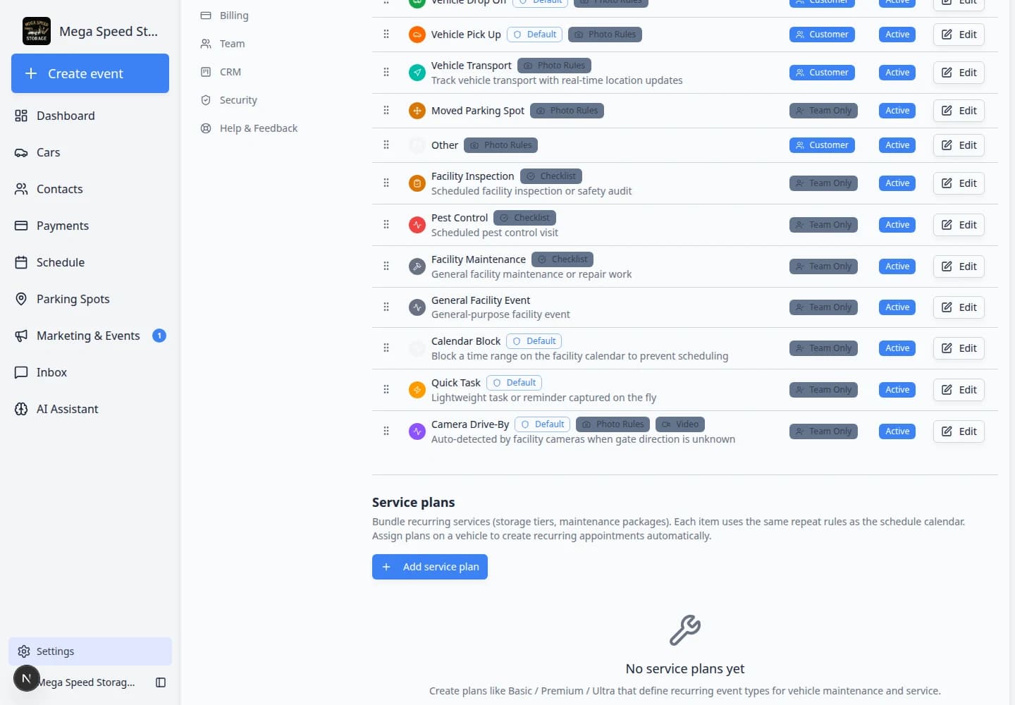 Events and schedule settings scrolled to Service plans section with plan list and add button