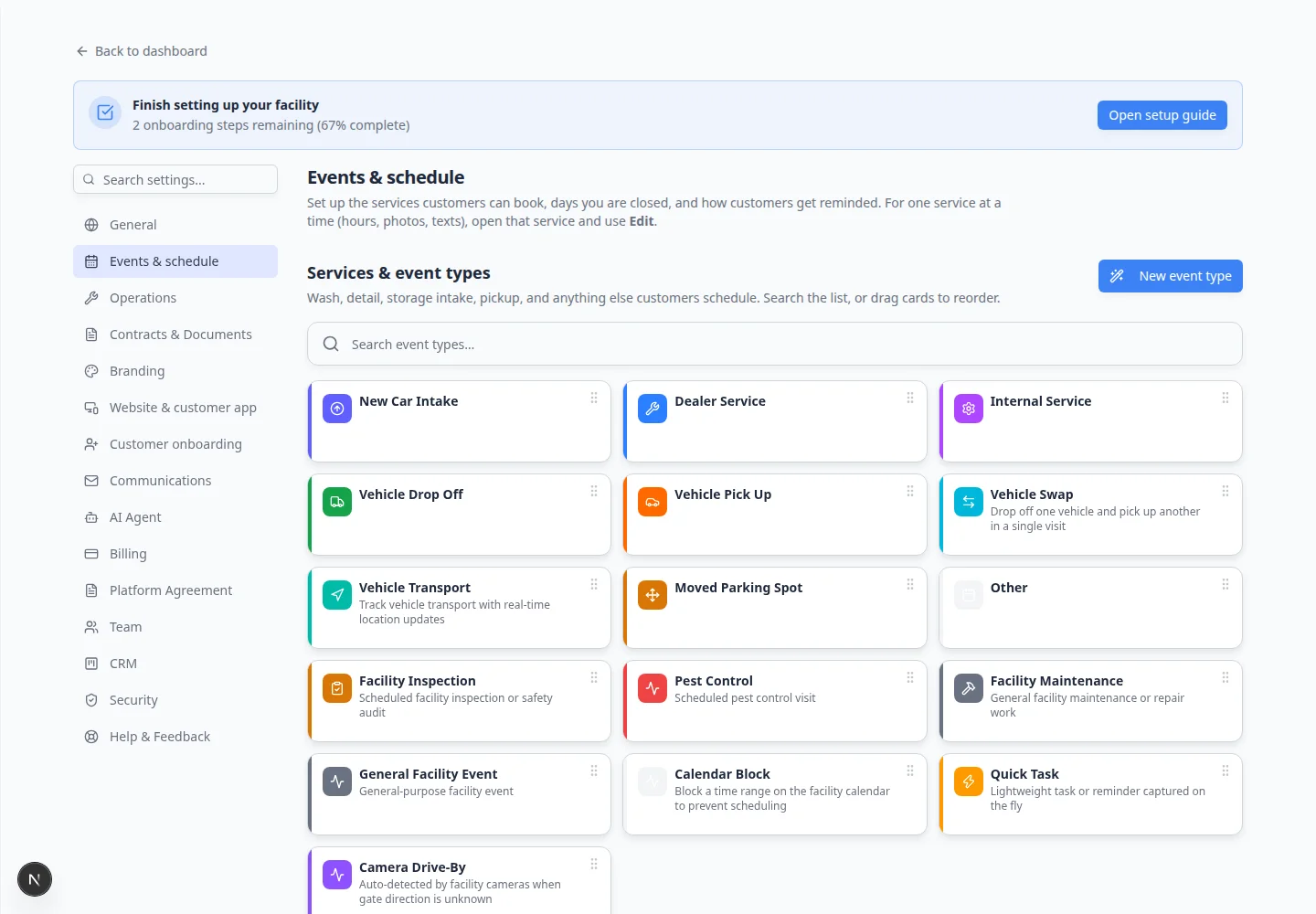 Events and schedule settings scrolled to Service plans showing Premium Maintenance Plan and Basic Storage Plan in the table