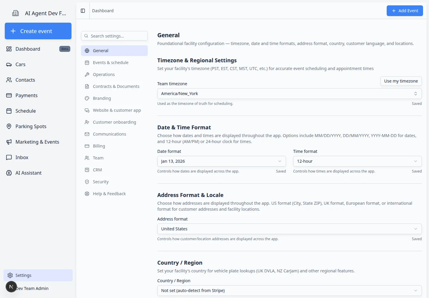 General settings scrolled to Address Format and Locale and Country or Region fields