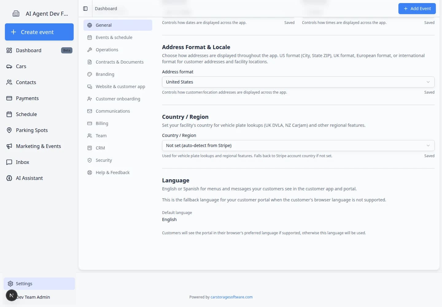 General settings Language section showing English and Spanish options for the customer portal
