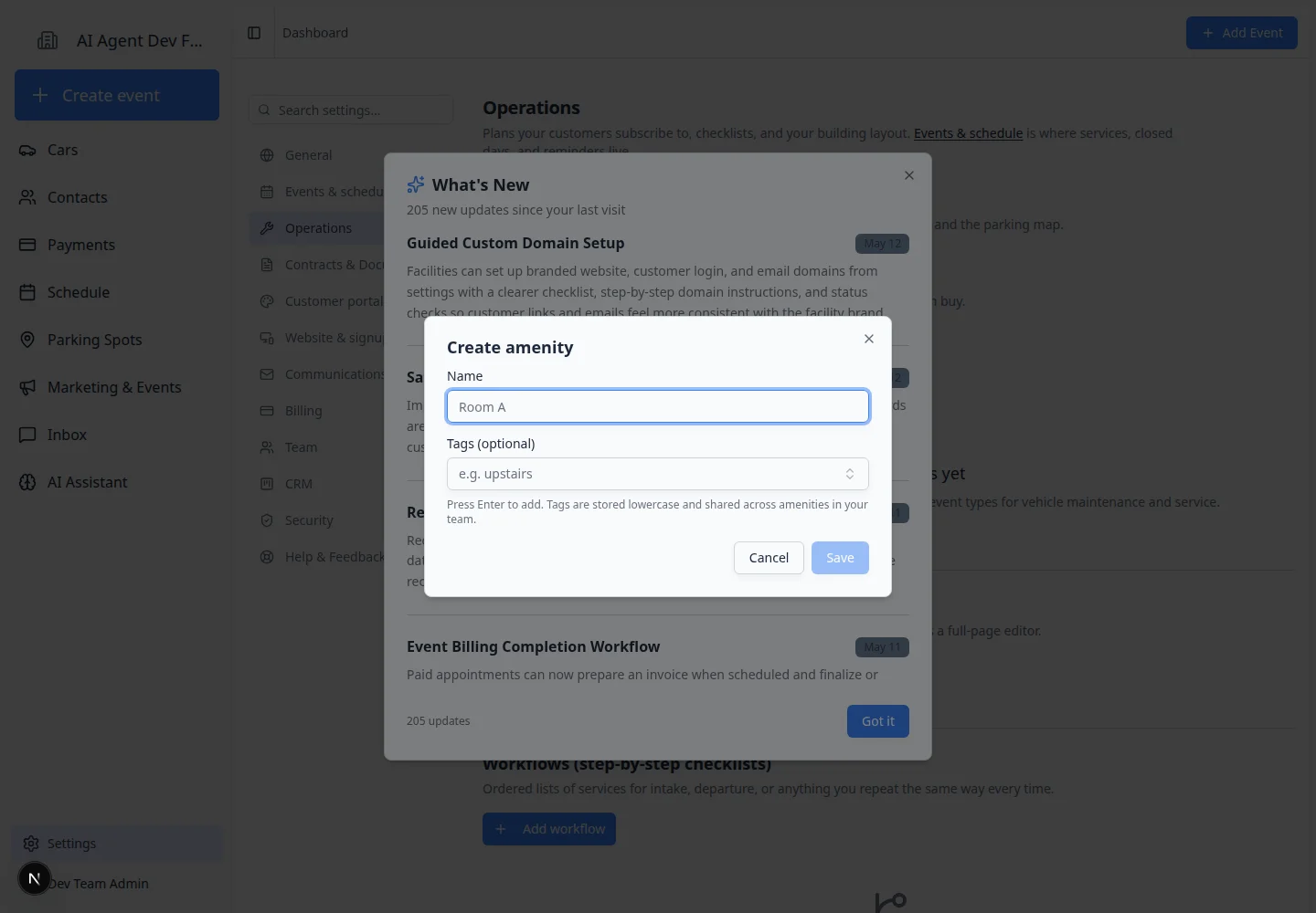Create amenity dialog with name field and optional tags