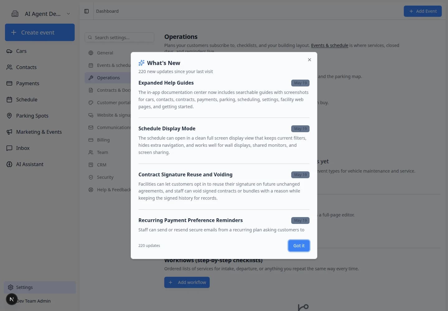 Membership and recurring plans table on Operations settings after creating a service plan