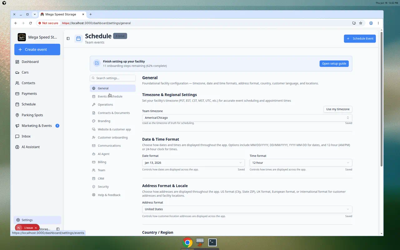 Expanded Settings sidebar showing all menu items including General, Events and schedule, Operations, Branding, Website and customer app, Communications, Billing, Team, CRM, and Security