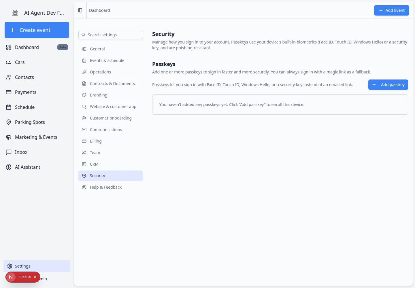 Security settings page showing Passkeys section