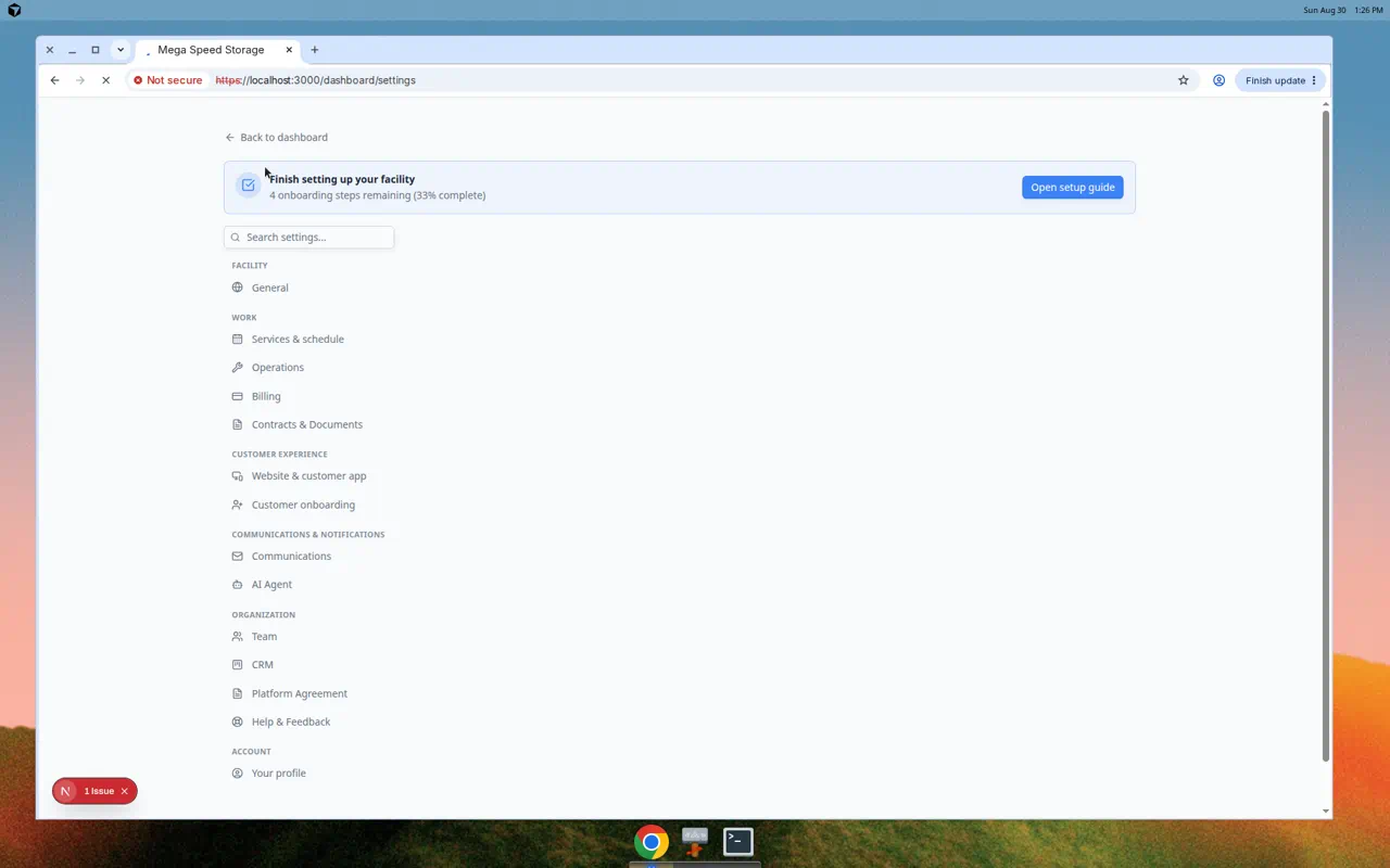 Settings page showing a search bar and category list on the left with General settings content on the right