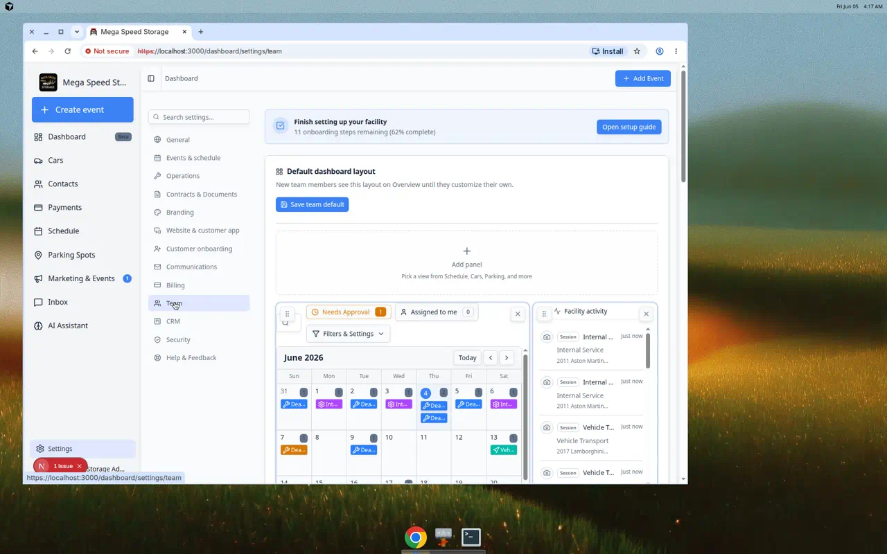 Team settings page showing Default dashboard layout section with dashboard widget options