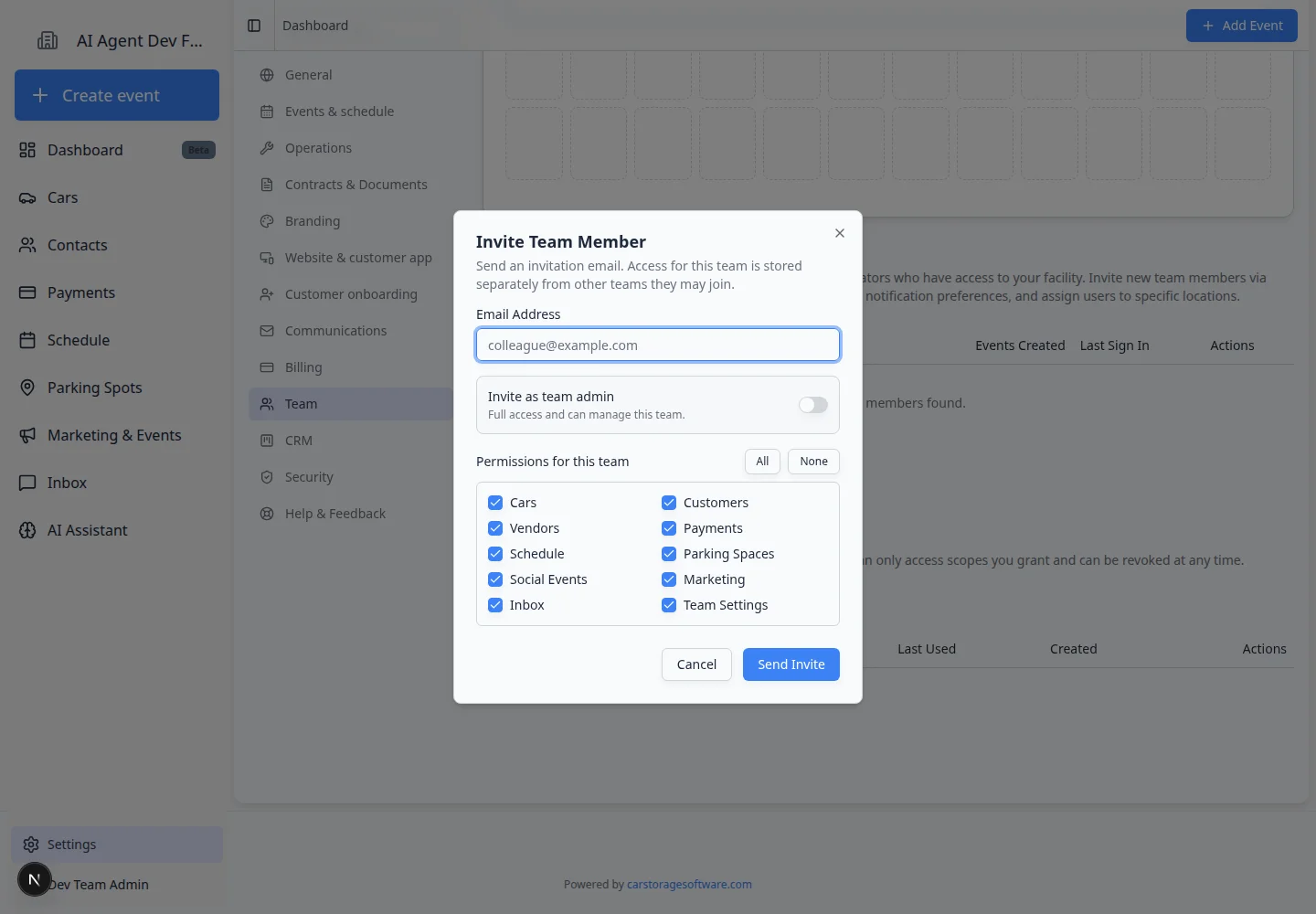 Invite Team Member dialog with email field, invite as team admin switch, and permission checkboxes