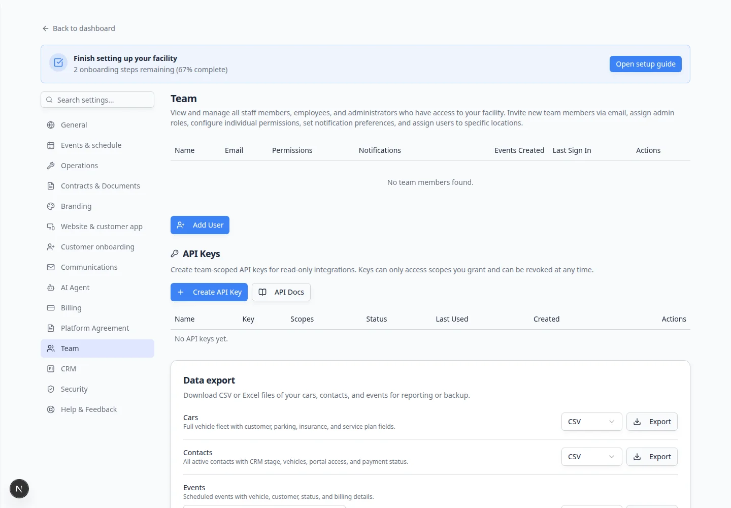 Manage Permissions dialog showing permission checkboxes for Customers, Cars, Schedule, Inbox, and other areas