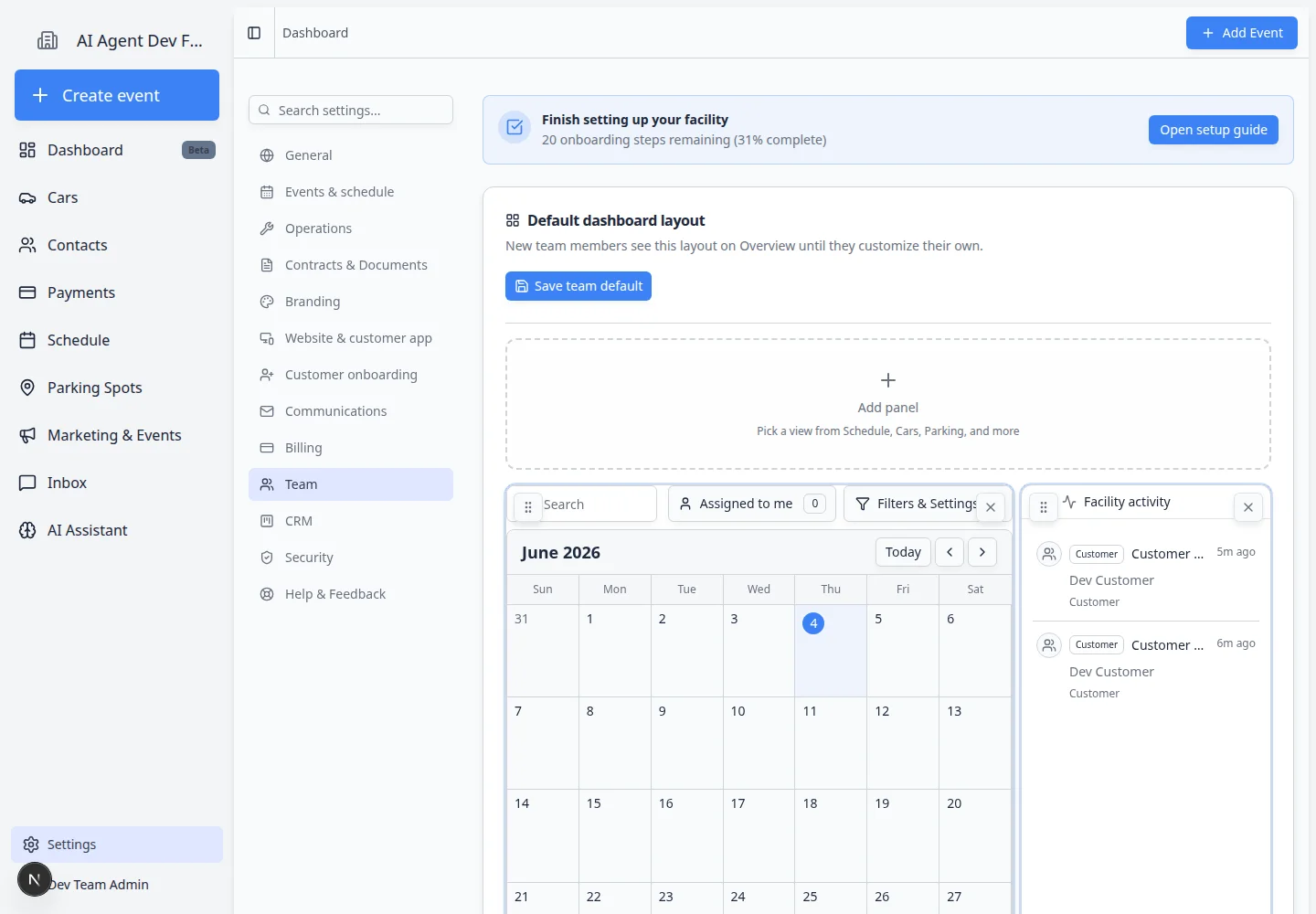 Manage Permissions dialog showing permission checkboxes for Customers, Cars, Schedule, Inbox, and other areas