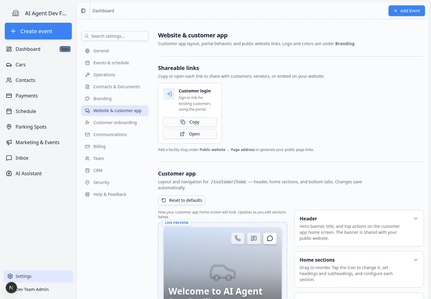 Website and customer app settings showing Booking box for your website with embed code to copy