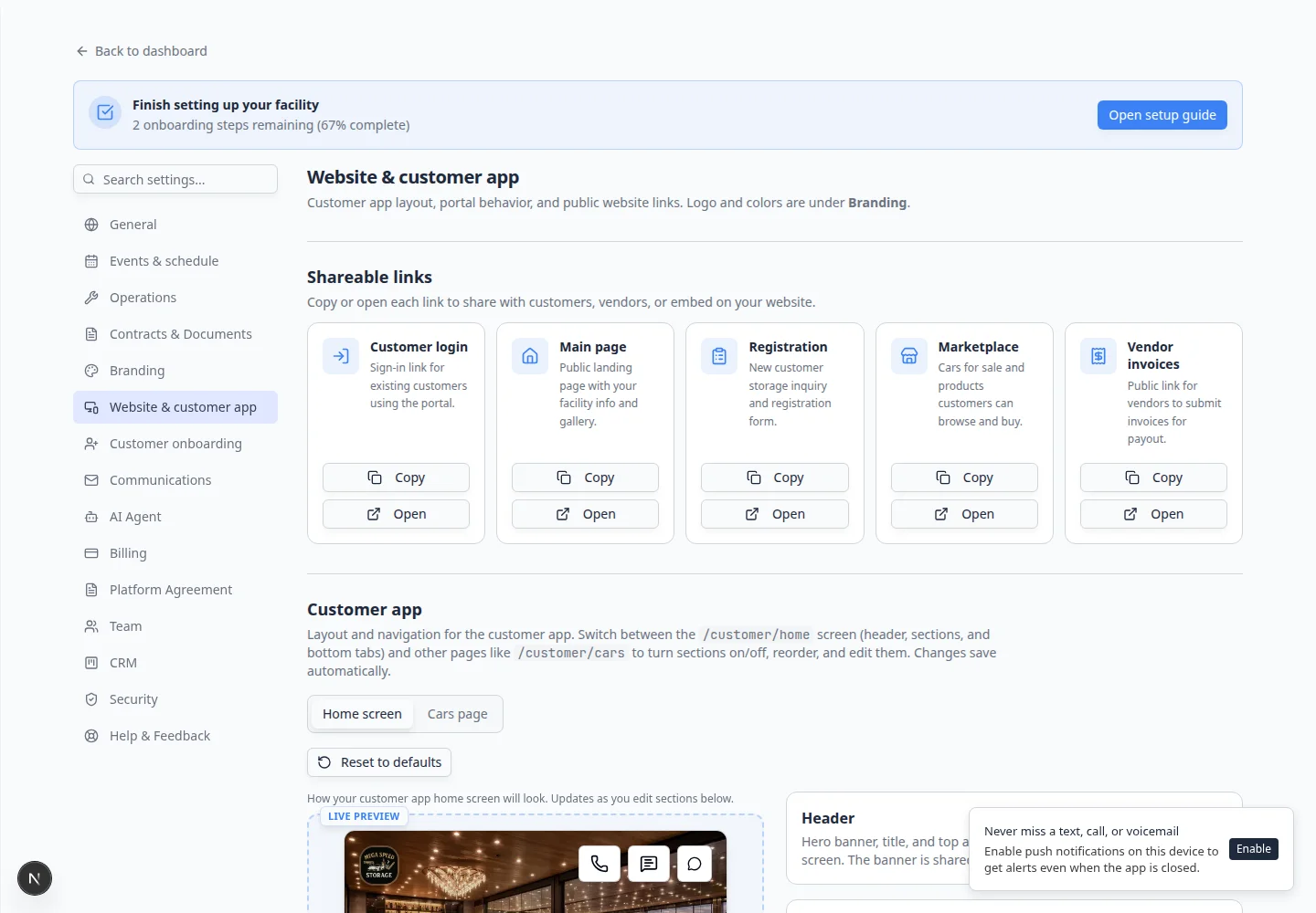 Website and customer app settings page showing customer app home layout, shareable links, booking widget, and public facility page sections