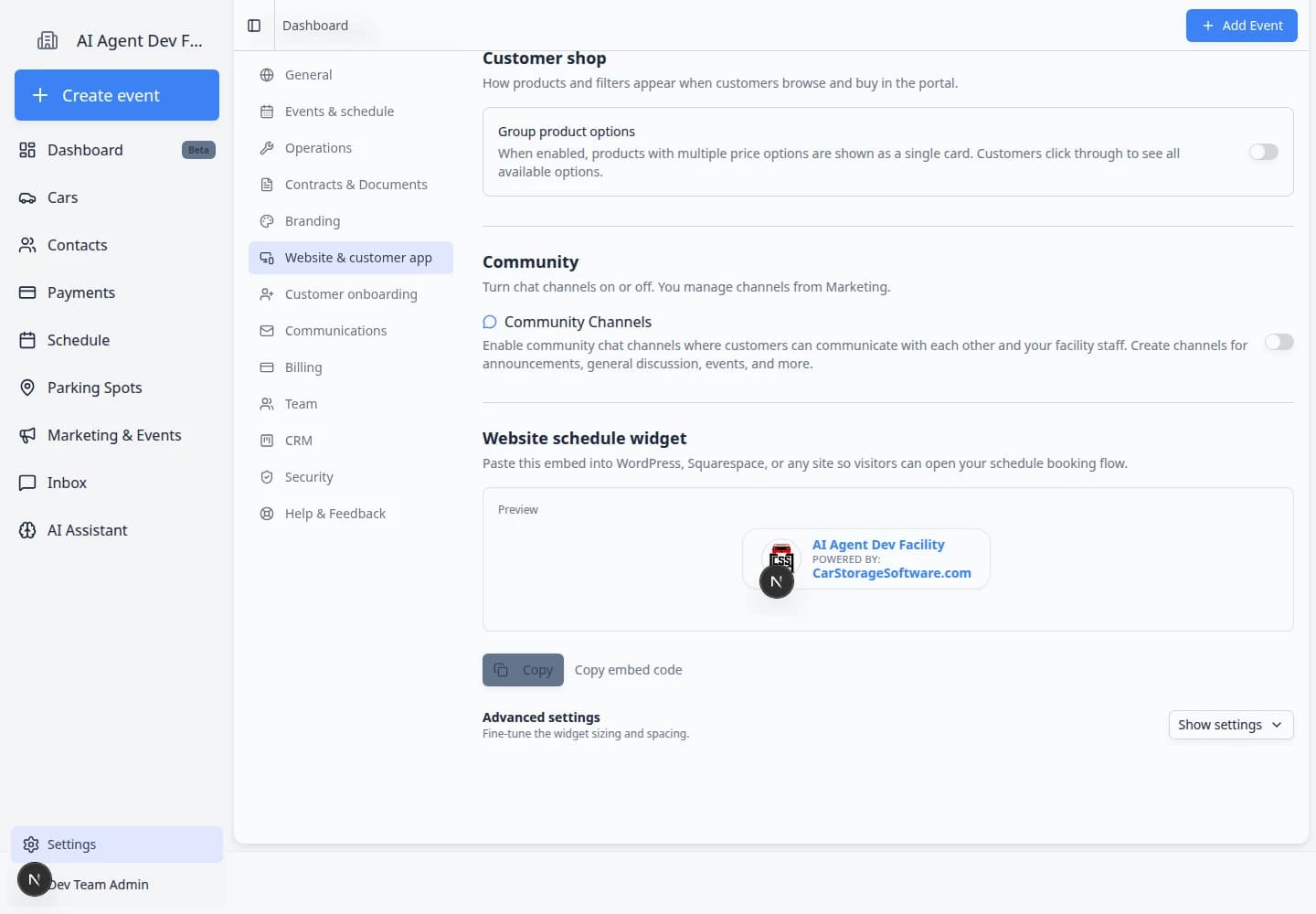 Website and customer app settings showing Customer shop with Group product options toggle and customer tag display order list